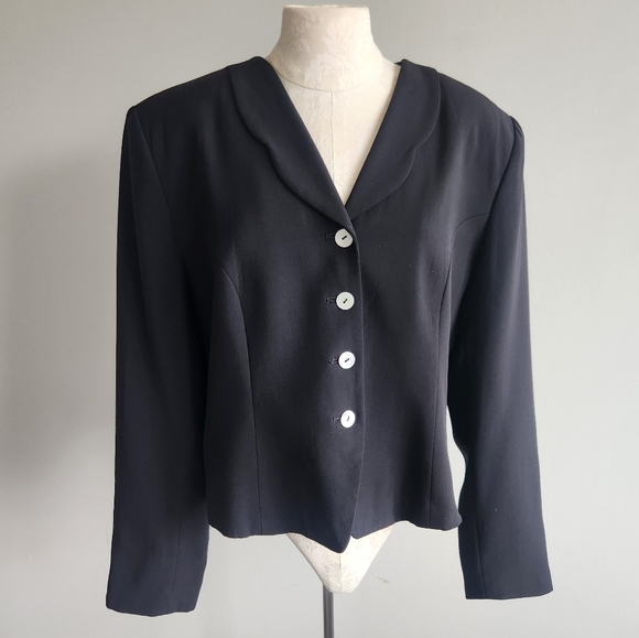 100% Silk Vintage Retro Valerie Stevens Black Blazer Suit Jacket Size 12 - Picture 1 of 10